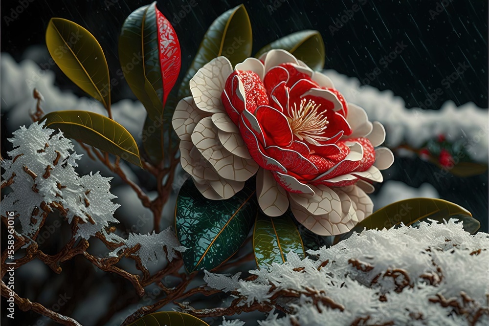 Poster a red flower is sitting on a branch in the snow with snow flakes on it and green leaves and branches