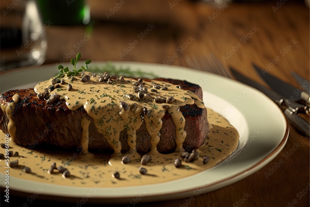 Poster a steak covered in a sauce and garnished with green herbs on a plate with a fork and knife on a wood