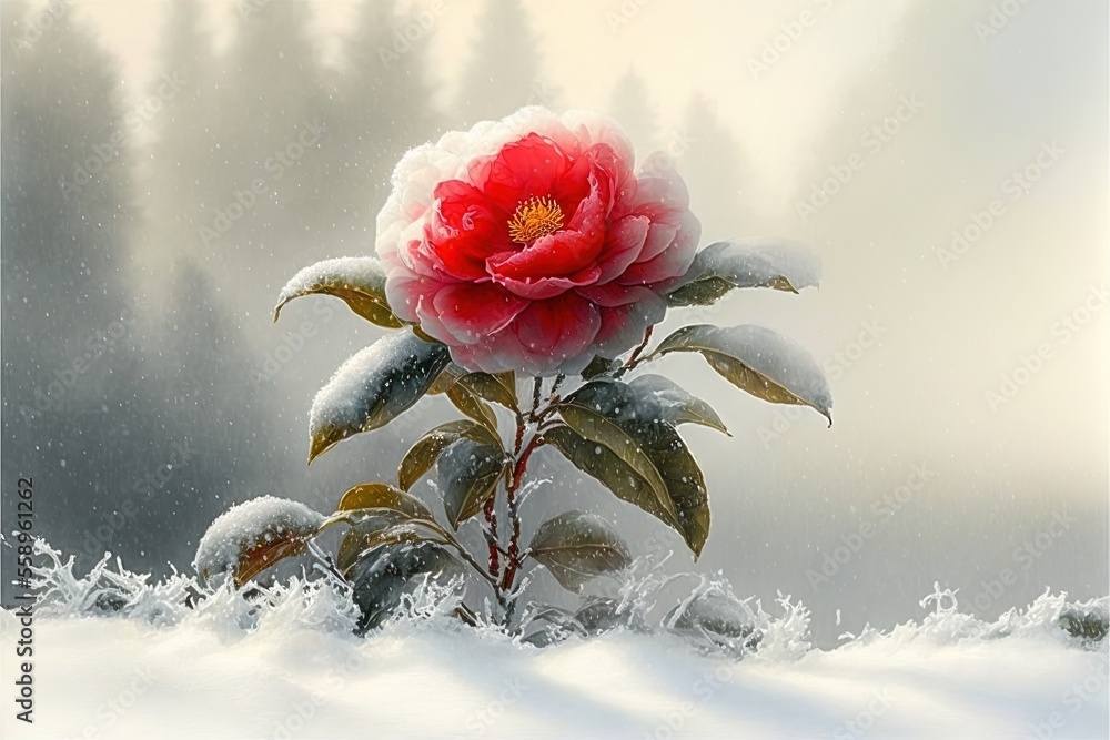Poster a red flower is in the middle of a snowy field with trees in the background and snow on the ground a