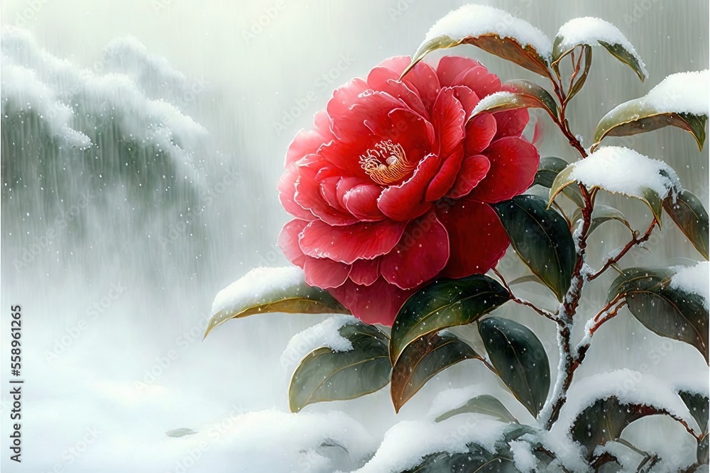 Poster a red flower is in the snow with a waterfall in the background and snow falling on the ground and a 