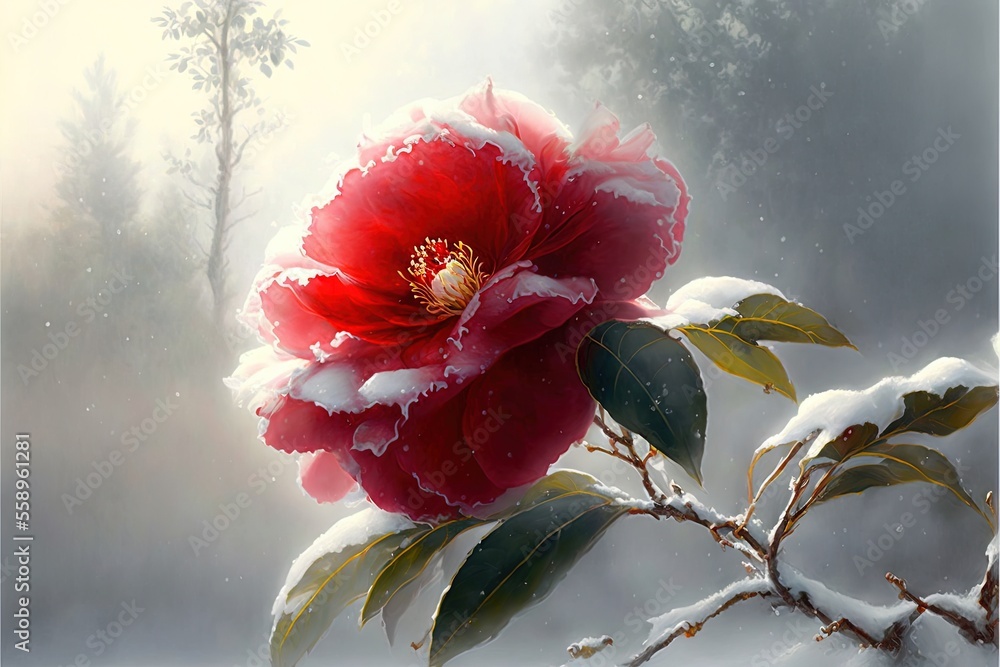 Poster a red flower with snow on it sitting on a branch in the snow with trees in the background and a ligh