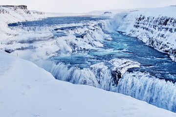 winter landscape with snow, waterfall