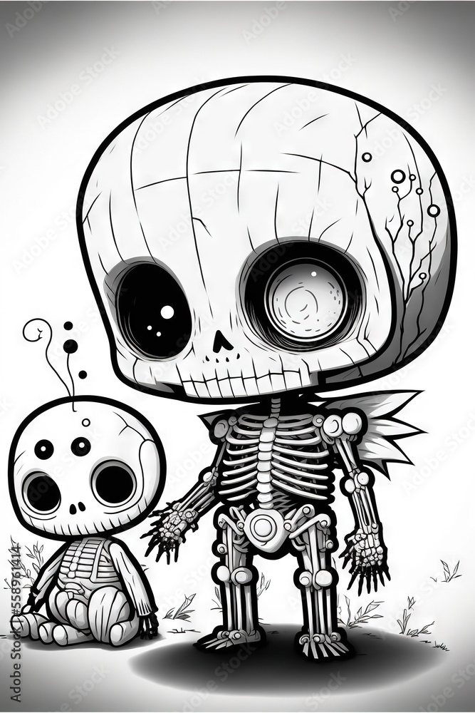 Poster a skeleton and a skeleton sitting next to each other on a white background with a black and white ba