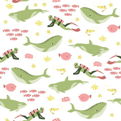 Vector seamless pattern with whale, killer whale, diver, shrimp, algae.Underwater cartoon creatures.Marine background.Cute ocean pattern for fabric, childrens clothing,textiles,wrapping paper