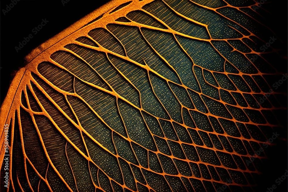 Poster  a close up of a leaf with a black background and a yellow light in the center of the image and a black background with a yellow light in the middle of the leaf and bottom. Generative AI