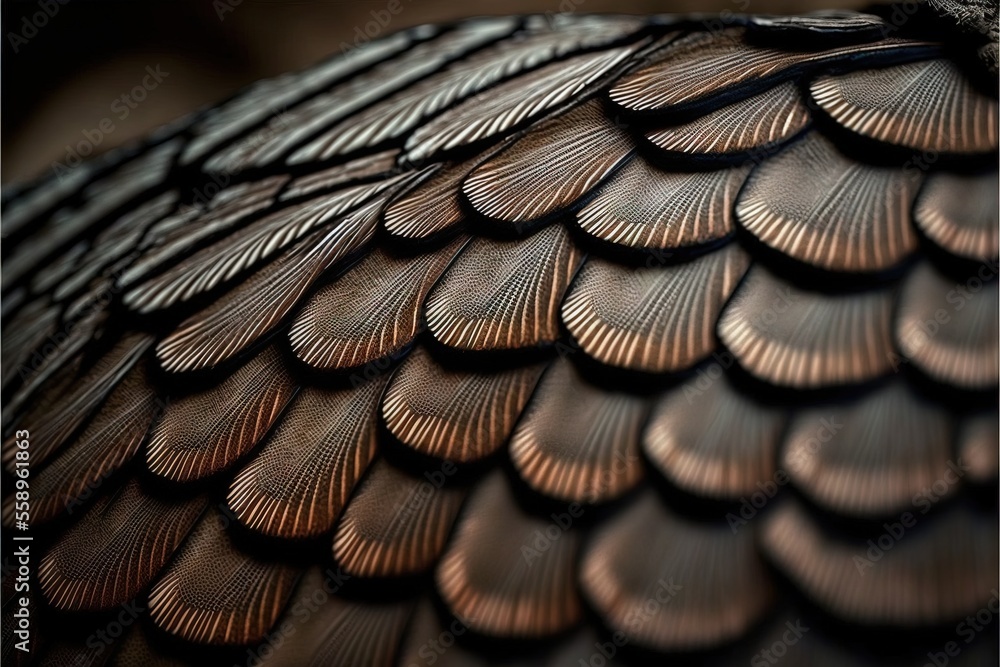 Poster a close up of a bird's feathers with a black background and a brown background with a black border a