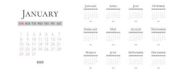Calendar template for 2023 with week start on Sunday Minimal design, Set of 12 calendar, printing vector calendar, square form, the white background
