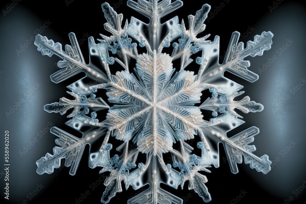 Poster a snowflake is shown in a black background with a blue border around it and a white border around it