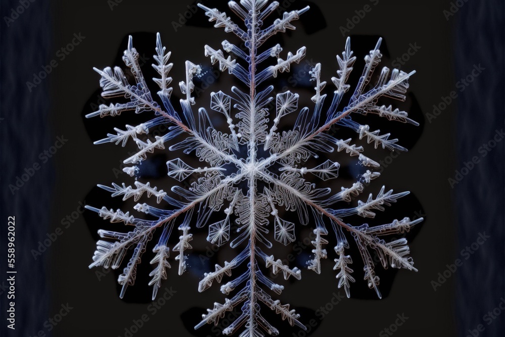 Poster a snowflake is shown in a black and white photo with a black background and a black frame with a bla