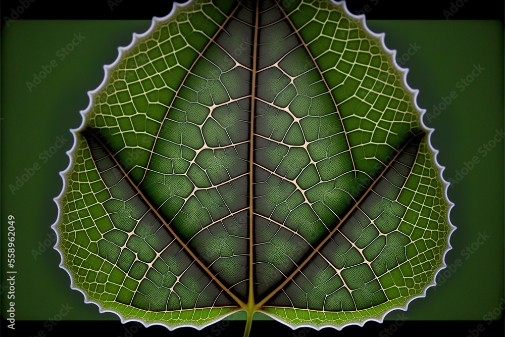 Poster a green leaf with a black background and a white border around it that has a black border around it 