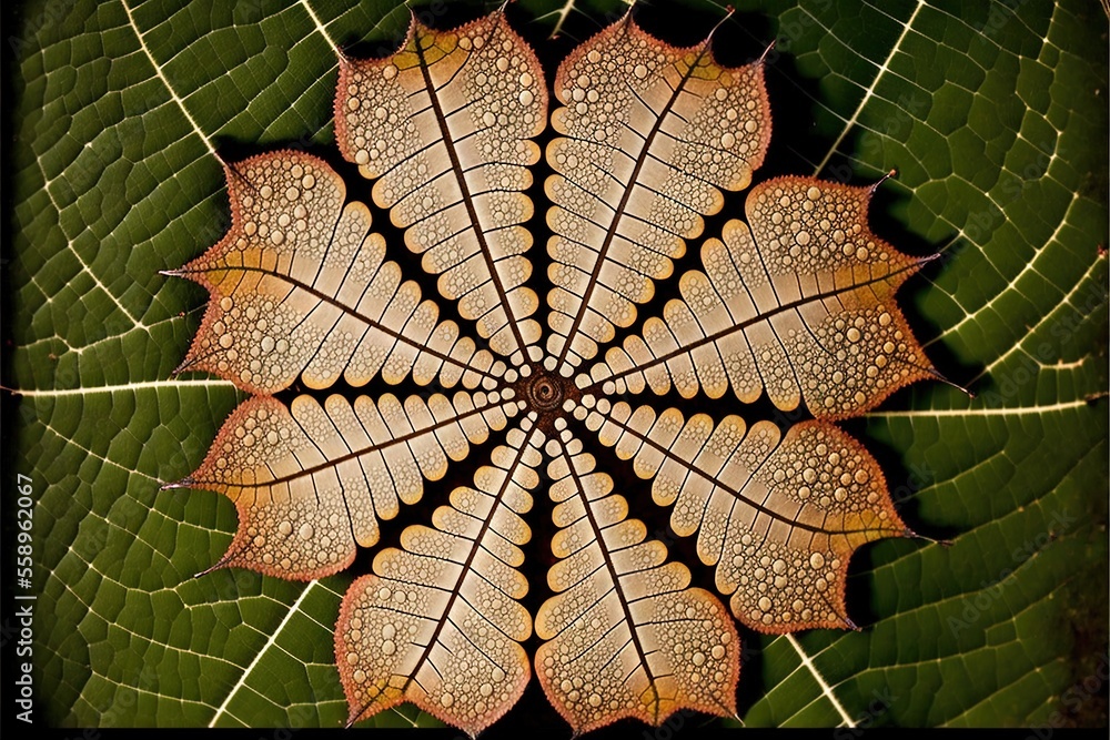Poster a leaf with water drops on it is shown in a square frame with a black border around it and a green l