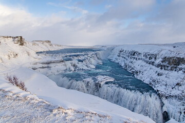winter mountain landscape with waterfall