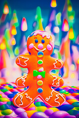 Fototapeta premium A gingerbread amidst a festive, holiday-themed landscape full of sweets adds a playful and charming touch. Generative AI