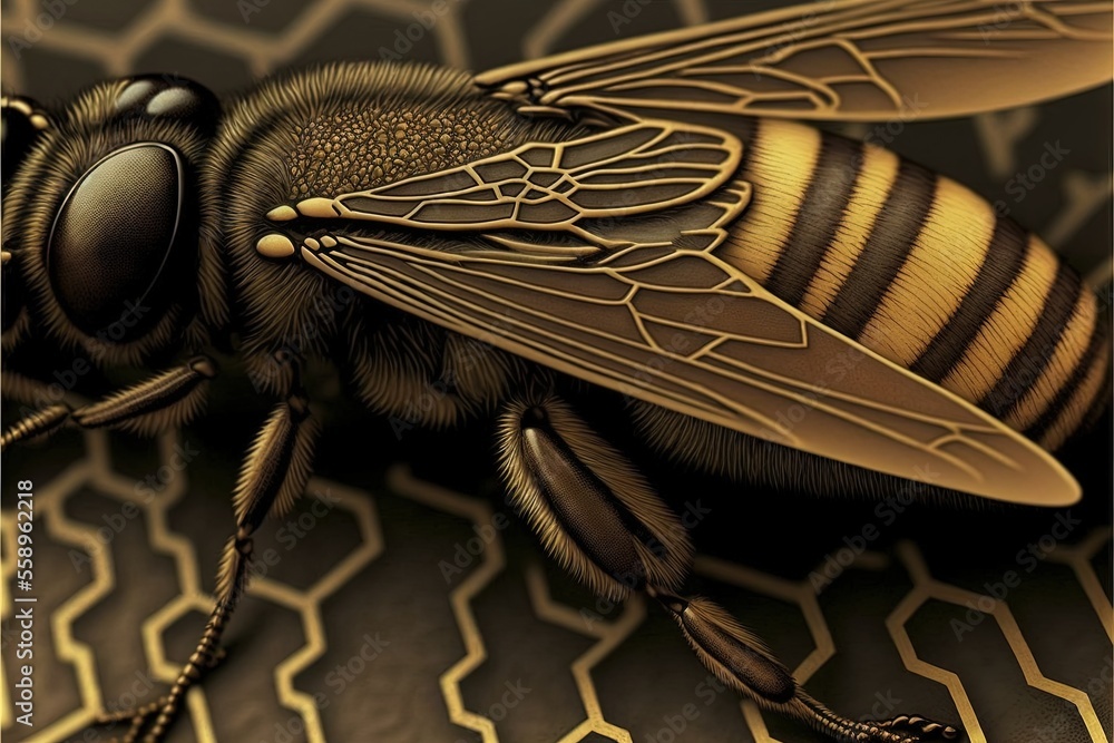 Poster a close up of a bee on a honeycomb pattern background with honeycombs in the background and a honeyb