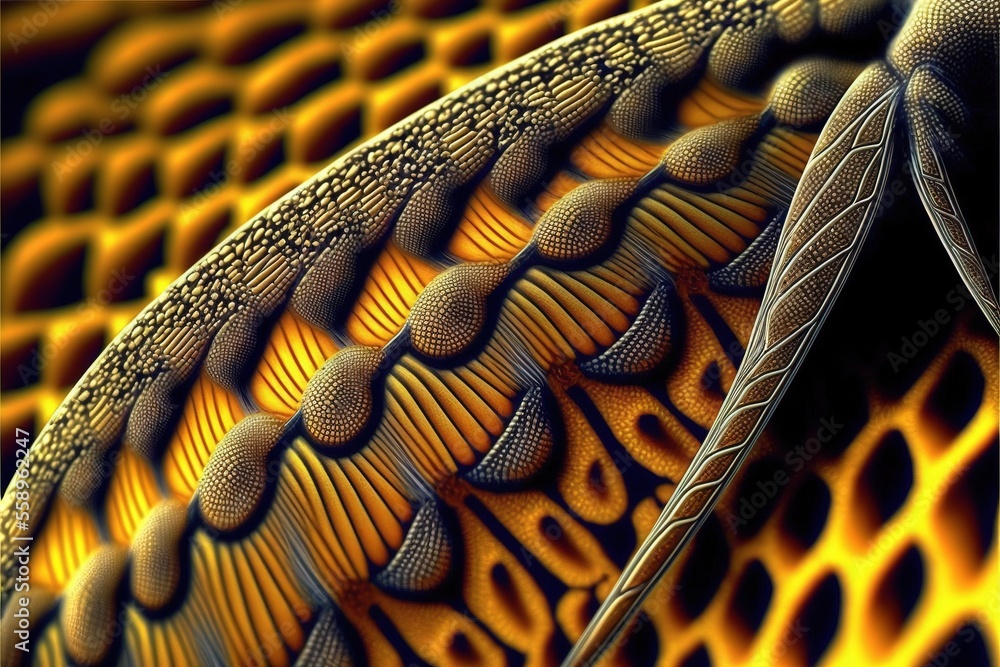 Poster a computer generated image of a yellow and black pattern with a large wing on top of it's wings, and