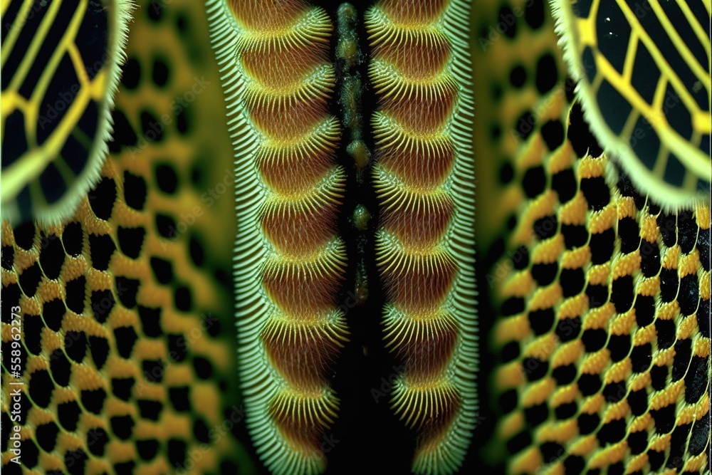 Poster a close up of a pattern of green and yellow feathers on a black background with a black background a