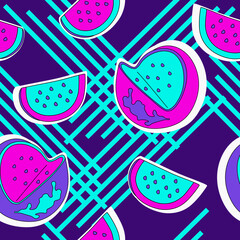 Watermelon seamless pattern in pop art style. Abstract colorful fruit print. Packaging template, graphic design, textiles, bedding and wallpaper.
