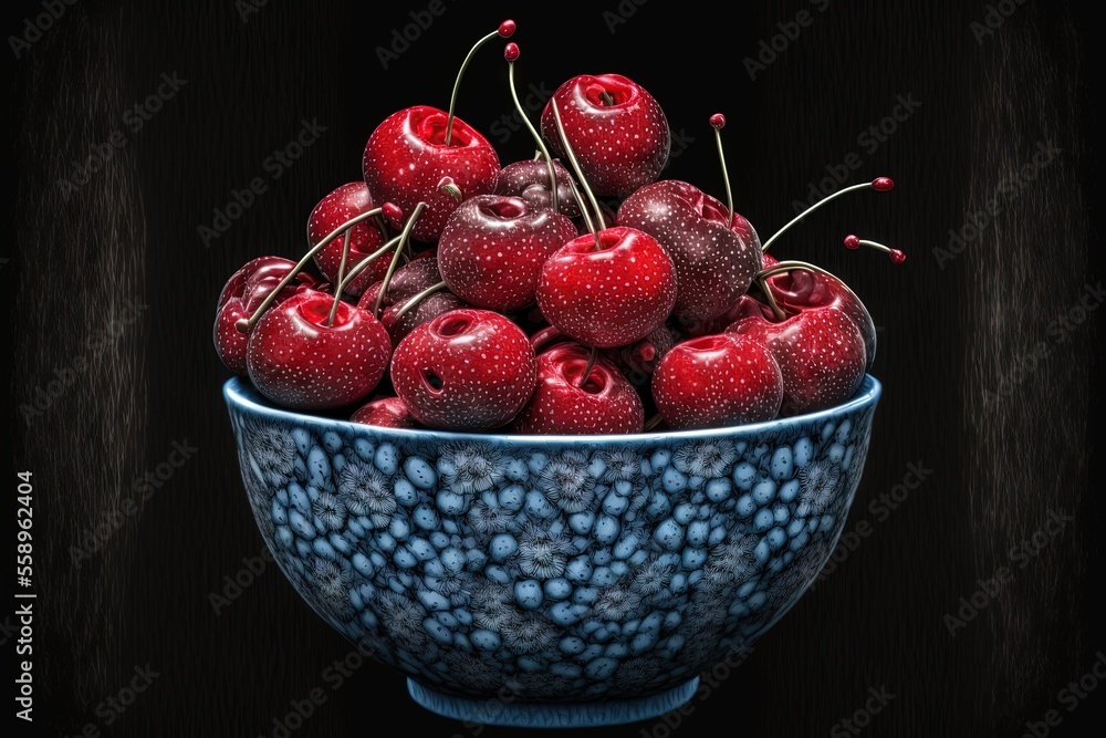Poster a bowl of cherries on a black background with a black background behind it and a black background be
