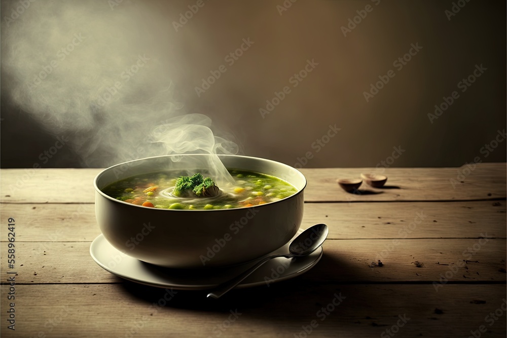 Aufkleber a bowl of soup with steam rising from it on a wooden table with spoons and spoons next to it and a s