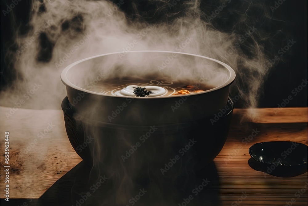 Poster a steaming pot of soup on a table with a spoon and spoon rest on the table next to it, with steam ri