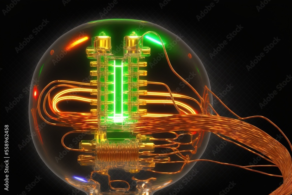Poster a glowing object with a green light inside of it's centerpieces and wires in the middle of it, with 