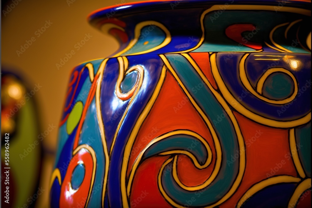 Poster a colorful vase with a design on it's side and a vase behind it with a green vase in the background 
