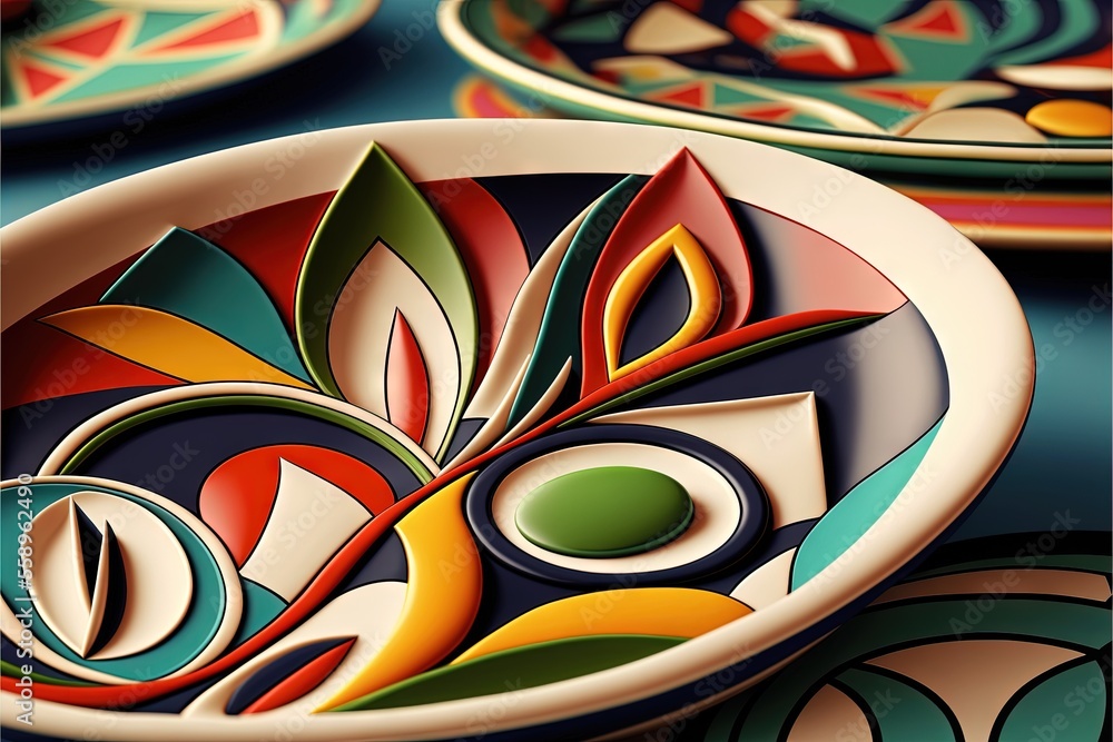 Aufkleber a plate with a colorful design on it sitting on a table with other plates and bowls around it, all o
