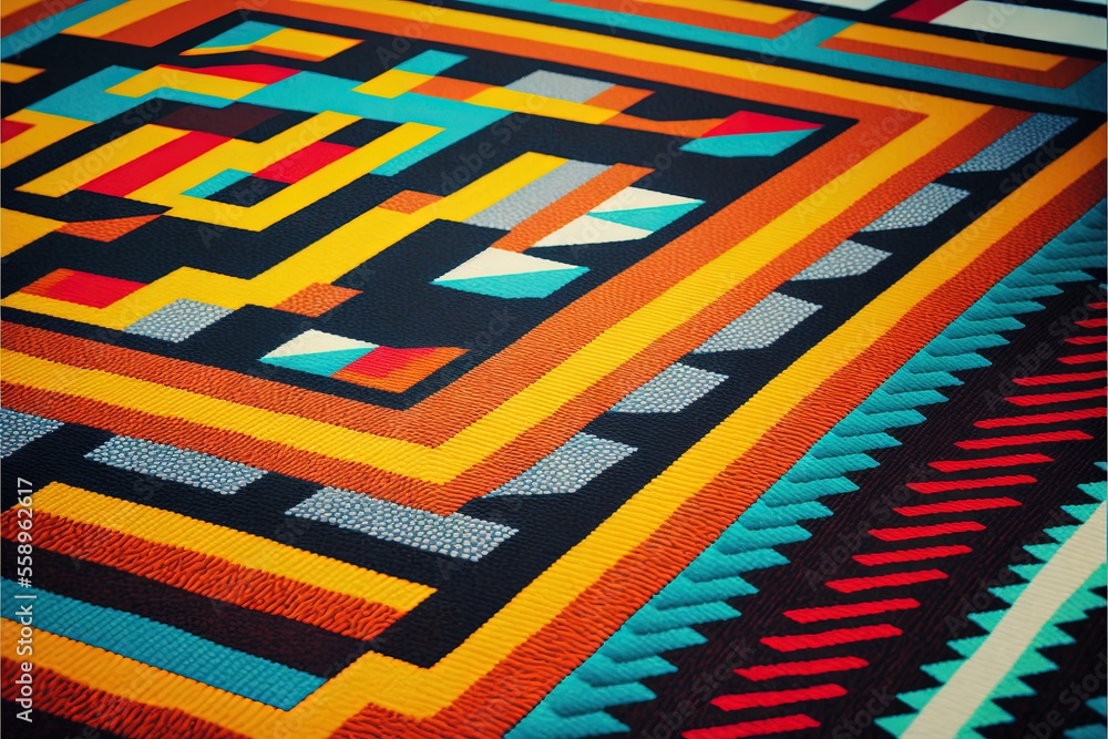 Poster a colorful quilt with a design on it's side and a black background with a red, yellow, blue, and gre