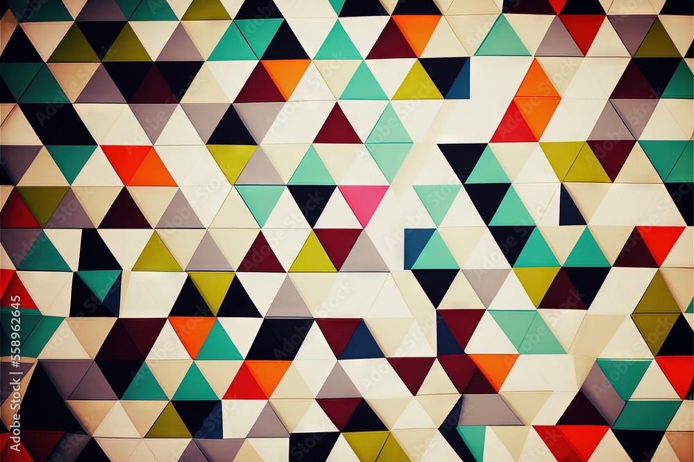 Poster a colorful wall with a lot of different shapes and sizes of triangles on it's side and a red light a