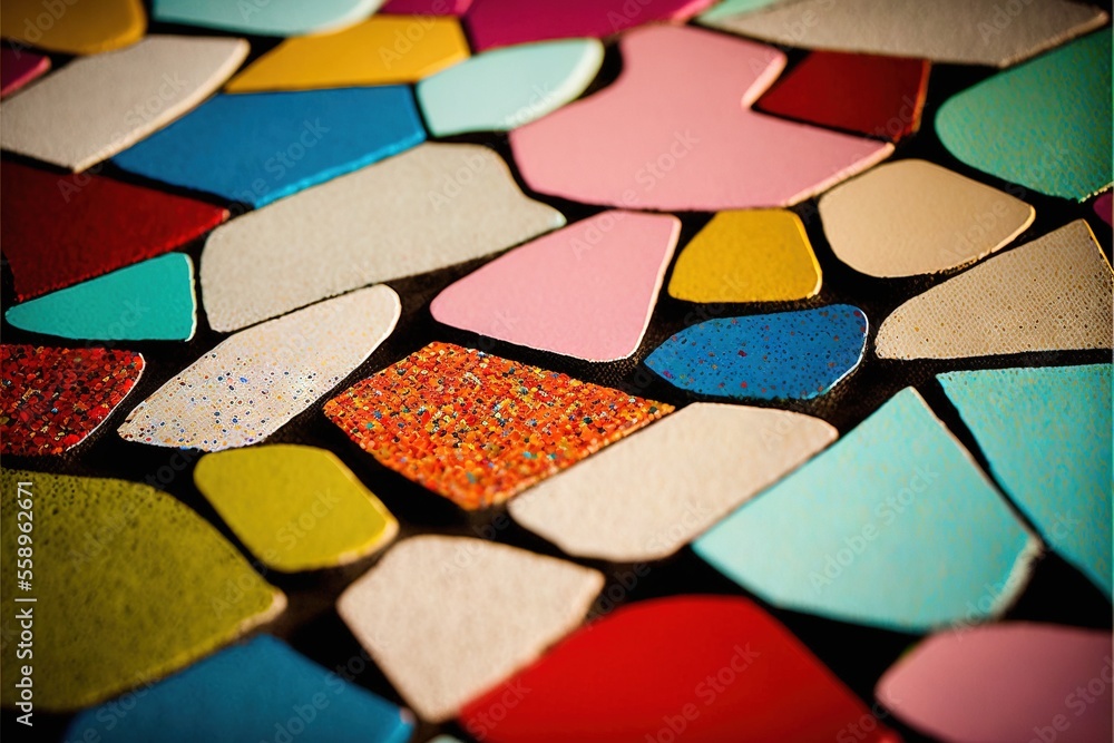Poster a close up of a colorful piece of art with a black background and a white border around it with a bl