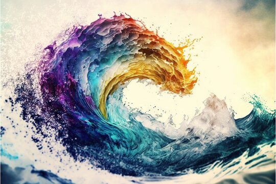 a colorful wave with a splash of water on it's side and a sky background with clouds and water droplets on it's sides.