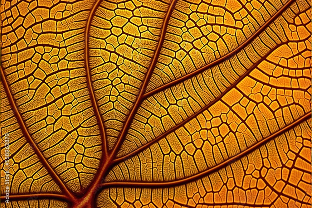 Poster a close up of a leaf's vein pattern in yellow and brown colors, with a black background and a black 