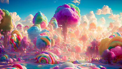 Fototapeta na wymiar A fairy tale landscape full of sweets, candies, and cotton candy creates a whimsical and fantastical scene. Generative AI
