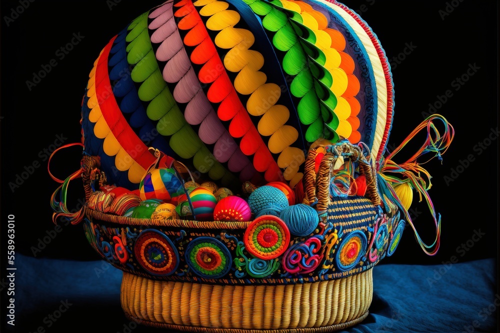 Poster a basket filled with lots of colorful balloons in it's centerpieces on a blue surface with a black b