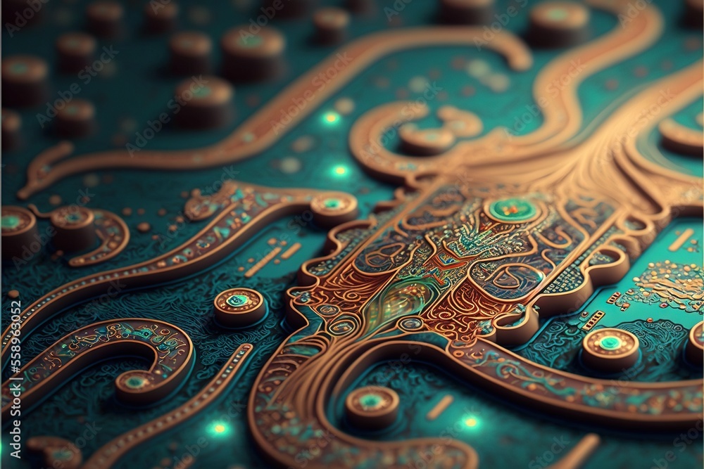 Poster a close up of a decorative design on a surface with a blue background and gold accents on the edges 