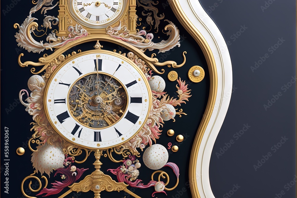 Poster a clock with a gold frame and a white face and hands with a black background and gold trimmings and 