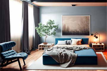 Luxury master bedroom interior with a big large comfortable bed, modern light bedroom with wooden furniture, elegant room interior, stylish bedroom at a residence, an apartment or a hotel