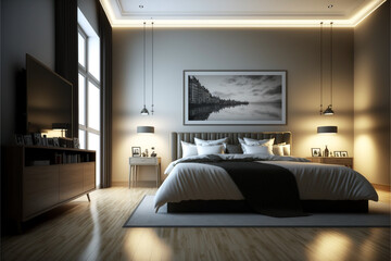Luxury master bedroom interior with a big large comfortable bed, modern light bedroom with wooden furniture, elegant room interior, stylish bedroom at a residence, an apartment or a hotel