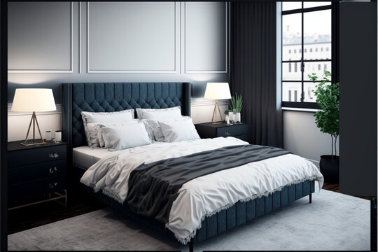Luxury master bedroom interior with a big large comfortable bed, modern light bedroom with wooden furniture, elegant room interior, stylish bedroom at a residence, an apartment or a hotel