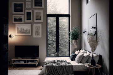 Luxury master bedroom interior with a big large comfortable bed, modern light bedroom with wooden furniture, elegant room interior, stylish bedroom at a residence, an apartment or a hotel