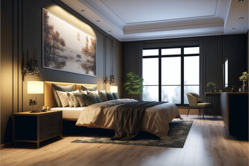 Luxury master bedroom interior with a big large comfortable bed, modern light bedroom with wooden furniture, elegant room interior, stylish bedroom at a residence, an apartment or a hotel