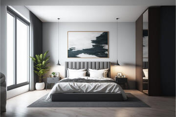 Luxury master bedroom interior with a big large comfortable bed, modern light bedroom with wooden furniture, elegant room interior, stylish bedroom at a residence, an apartment or a hotel