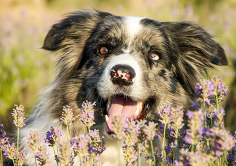 Beautiful border collie dog breed in lavender on a clear day.