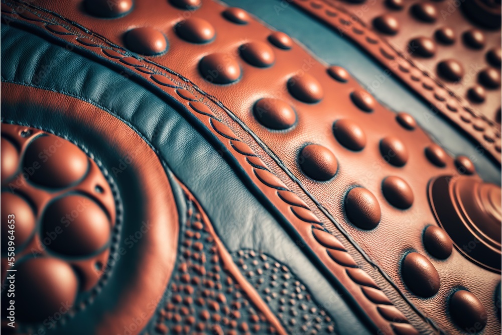 Poster a close up of a leather material with rivets and circles on it, with a blue background and a brown l