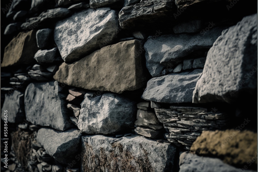 Poster a stone wall made of rocks and rocks with a black background and a white border around it with a bla