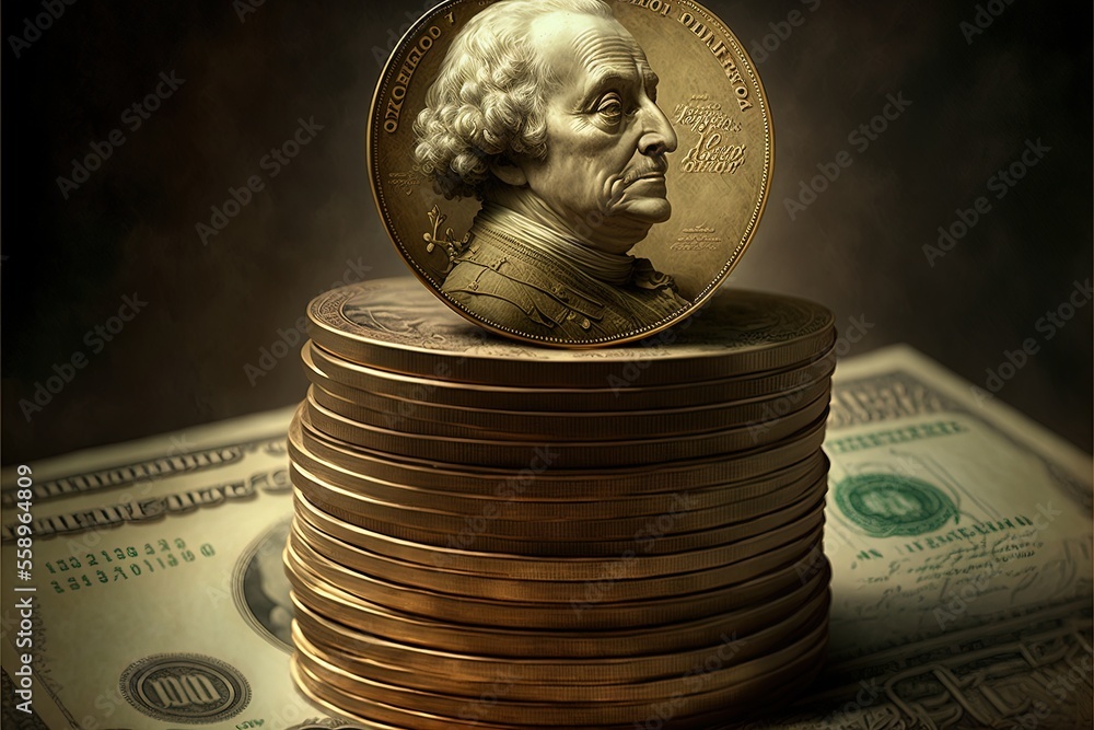 Aufkleber a stack of gold coins with a portrait of george washington on top of it, on top of a stack of twenty