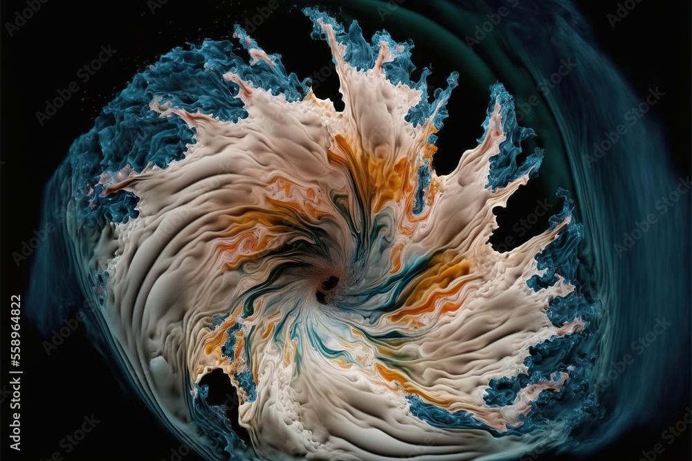 Poster a computer generated image of a flower with a black background and a blue and orange swirl in the ce