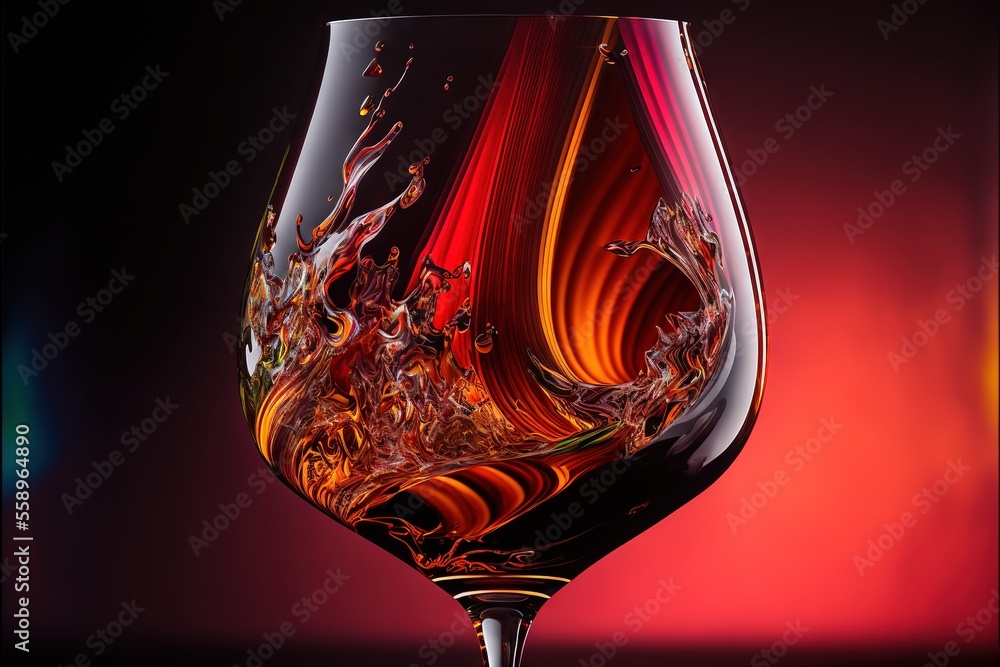 Poster  a wine glass with a liquid swirl inside of it on a table top with a red background and a black background behind it with a red and yellow swirl in the middle of the glass. Generative AI