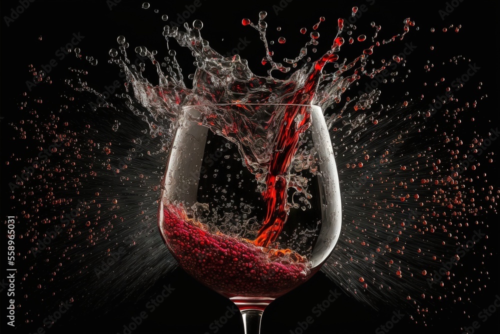 Aufkleber a glass of wine with a splash of red wine in it and a black background with bubbles and a black back