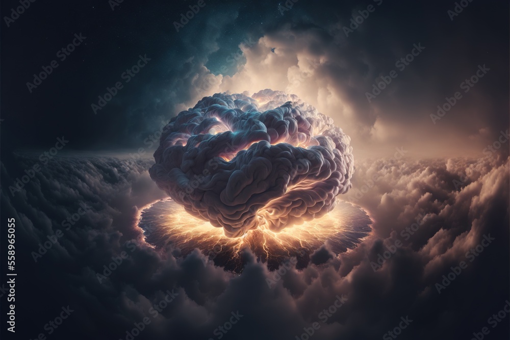 Poster a large brain floating in the air surrounded by clouds and stars in the sky with a bright light comi